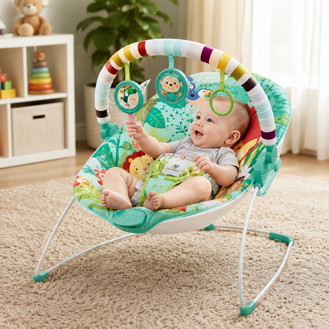 MASTELA SOOTHING VIBRATION BABY BOUNCER WITH TOY BAR & MUSICAL SEAT - GREEN