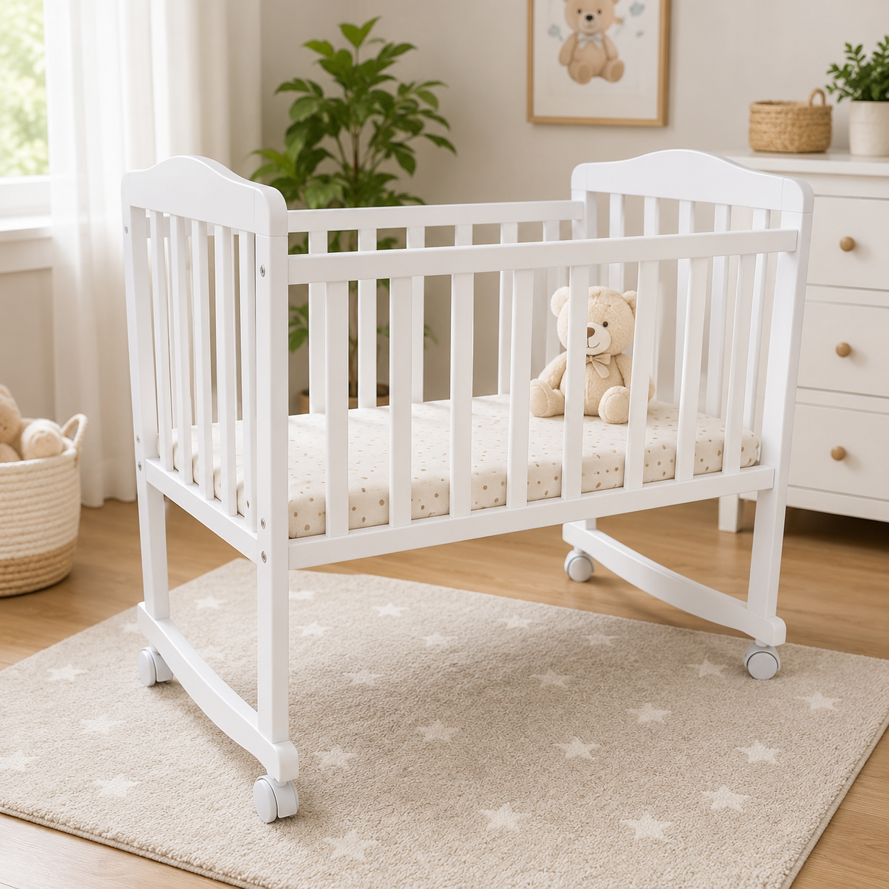 TINNIES BABY WOODEN CRIB – WHITE FINISH WITH ROCKING & WHEELS