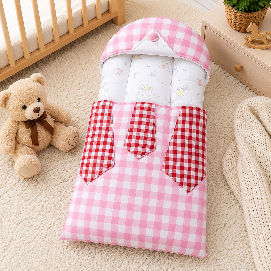 CHECKERED COTTON POLYESTER BABY CARRY NEST WITH SHIRT DESIGN - PINK