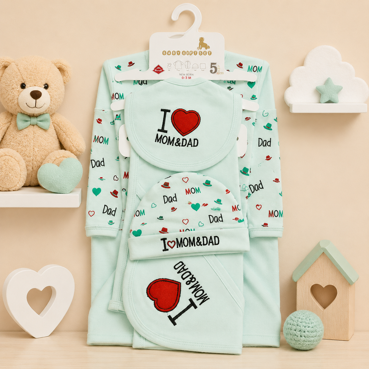 SOPHIE & STEPHIE 5 PCS NEWBORN BABY GIFT SET – I LOVE MOM & DAD DESIGN (MINT GREEN)