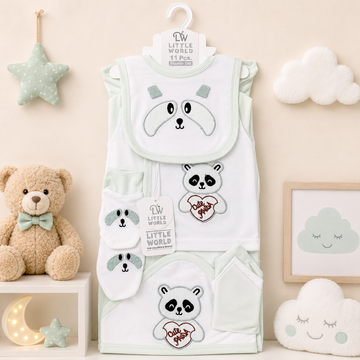 LITTLE WORLD 11 PCS NEWBORN BABY STARTER GIFT SET – PANDA EMBROIDERED DESIGN (MINT GREEN)