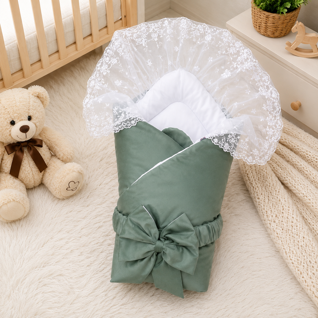 SATIN POLYESTER BABY CARRY NEST WITH LACE CANOPY - GREEN