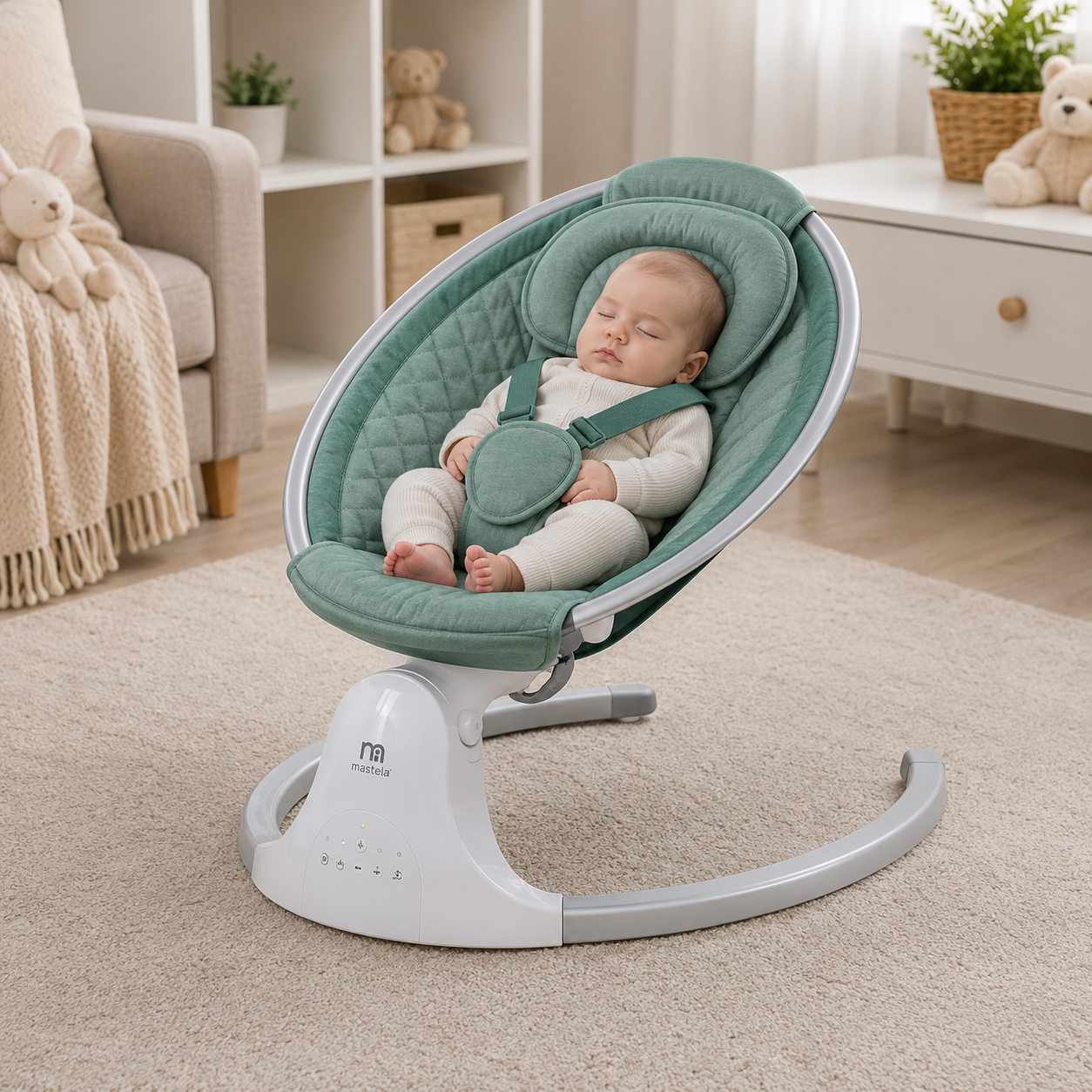 MOTHERCARE ELECTRIC BABY ROCKER WITH PROTECTIVE CANOPY - GREEN