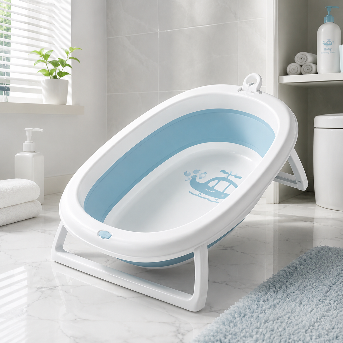 FOLDABLE BABY BATH TUB WITH SUPPORT STAND - BLUE