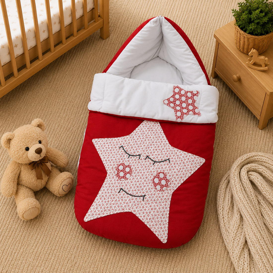 PREMIUM BABY HOODED SLEEPING BAG – STAR PATCHWORK DESIGN (RED & WHITE)