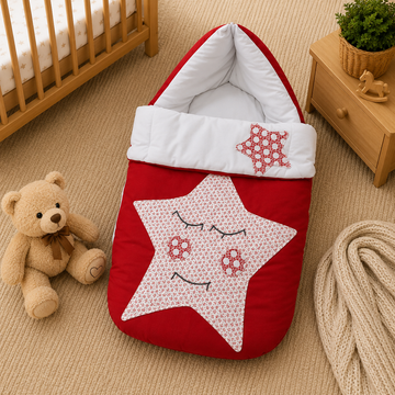 PREMIUM BABY HOODED SLEEPING BAG – STAR PATCHWORK DESIGN (RED & WHITE)