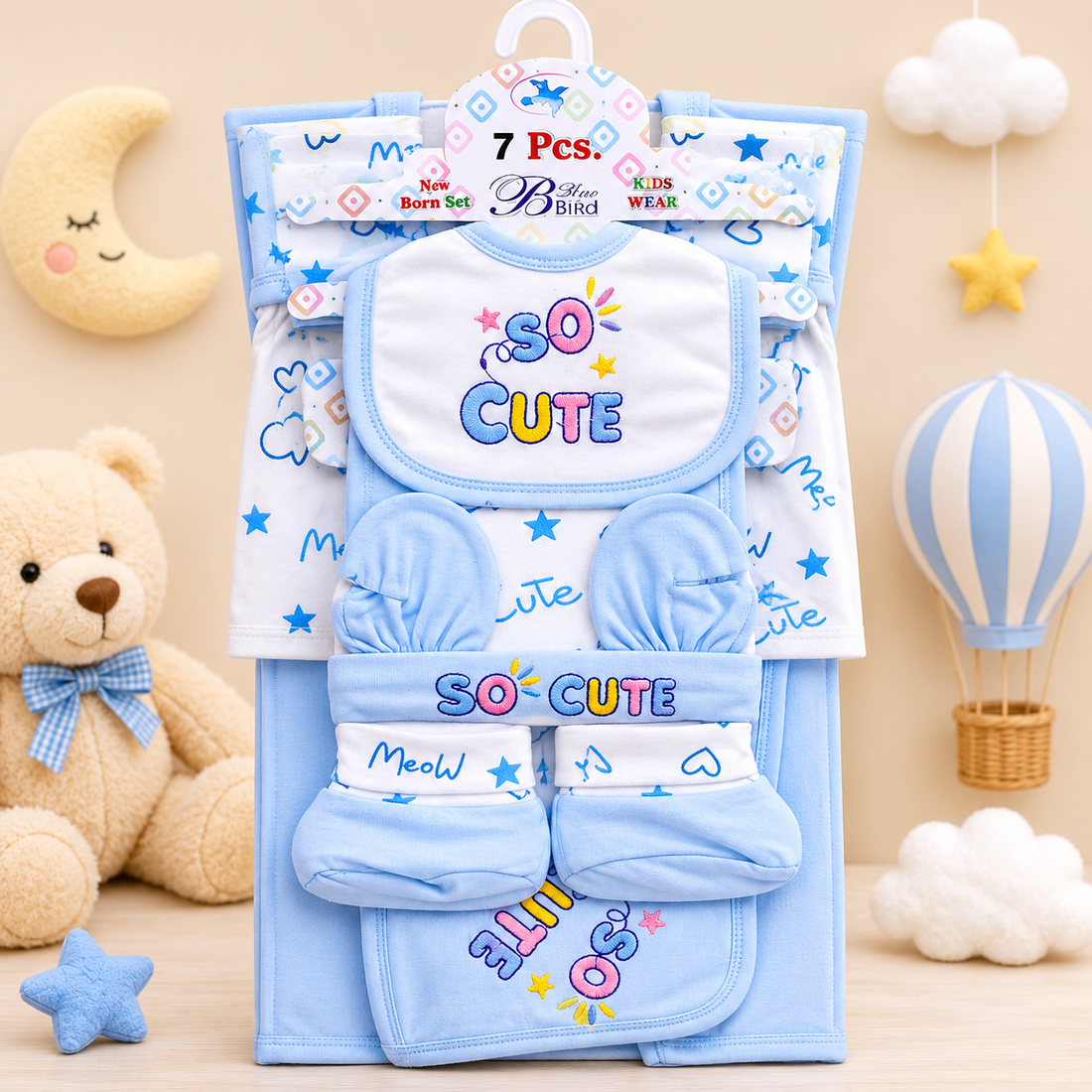 7 PCS NEWBORN BABY GIFT SET – SO CUTE EMBROIDERED DESIGN (BLUE)