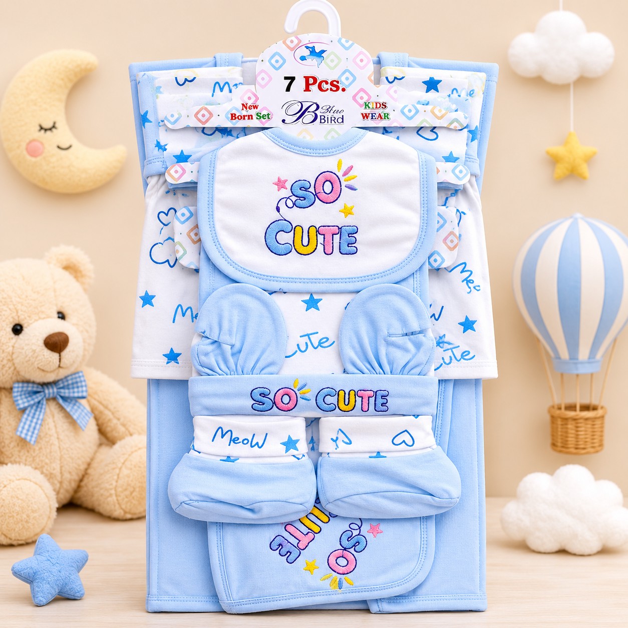 7 PCS NEWBORN BABY GIFT SET – SO CUTE EMBROIDERED DESIGN (BLUE)