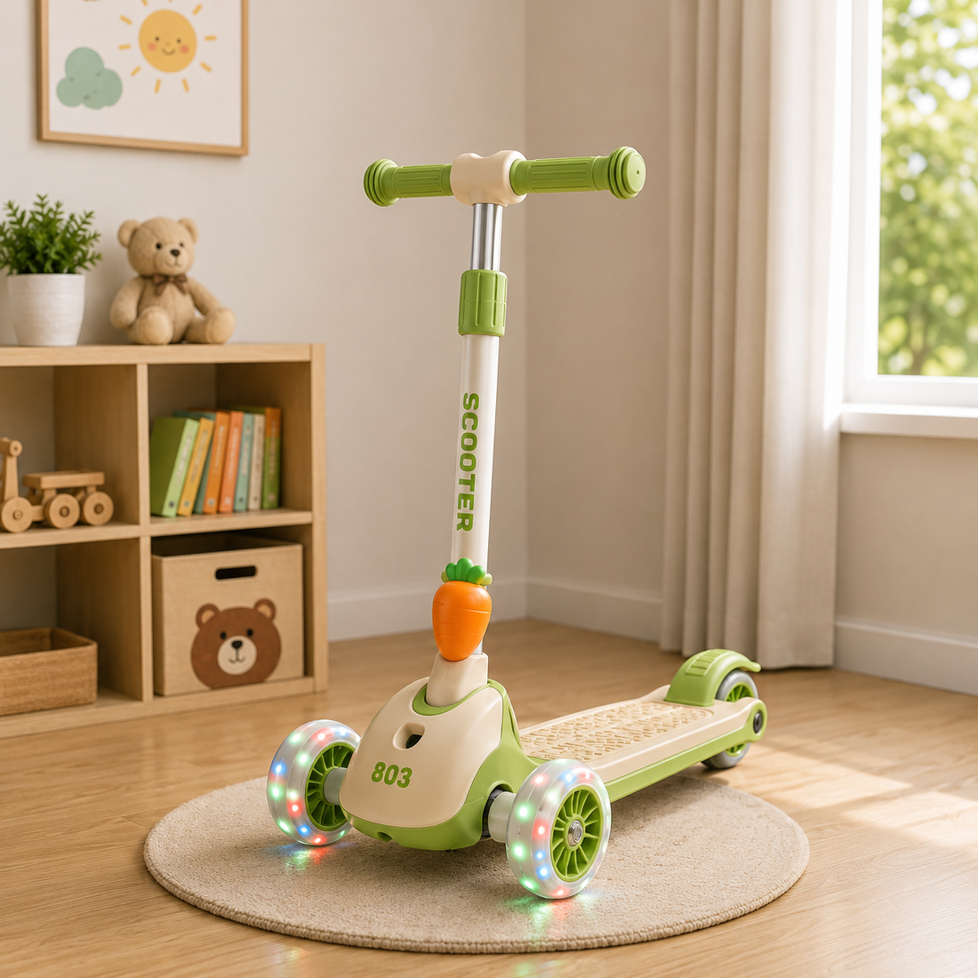 KIDS BALANCE SCOOTER WITH SEAT AND FLASH WHEELS - GREEN