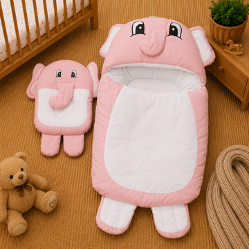 PREMIUM BABY HOODED SLEEPING BAG SET – CUTE ELEPHANT DESIGN (PINK & WHITE)