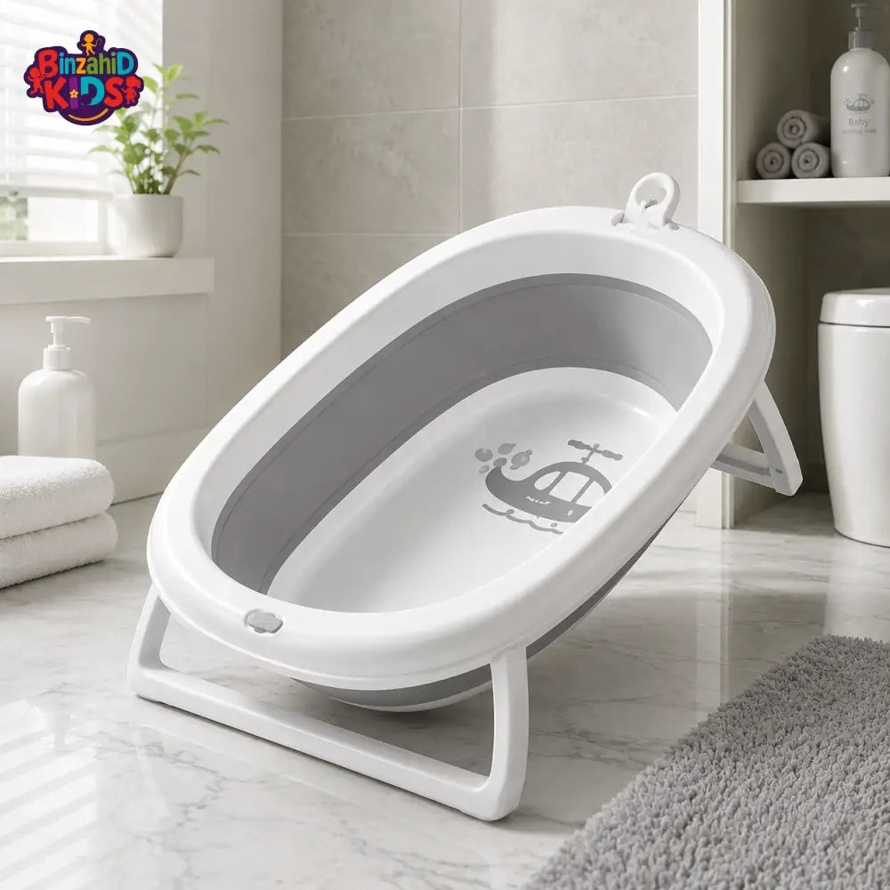 FOLDABLE BABY BATH TUB WITH SUPPORT STAND - GREY
