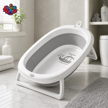 FOLDABLE BABY BATH TUB WITH SUPPORT STAND - GREY