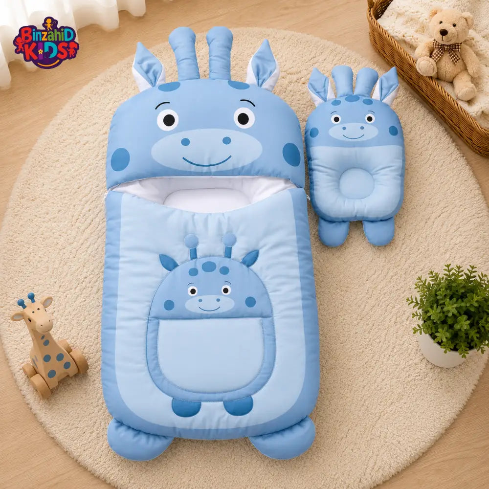 GIRAFFE DESIGN COTTON POLYESTER BABY SLEEPING BAG WITH MATCHING PILLOW - BLUE