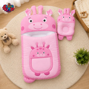 GIRAFFE DESIGN COTTON POLYESTER BABY SLEEPING BAG WITH MATCHING PILLOW - LIGHT PURPLE