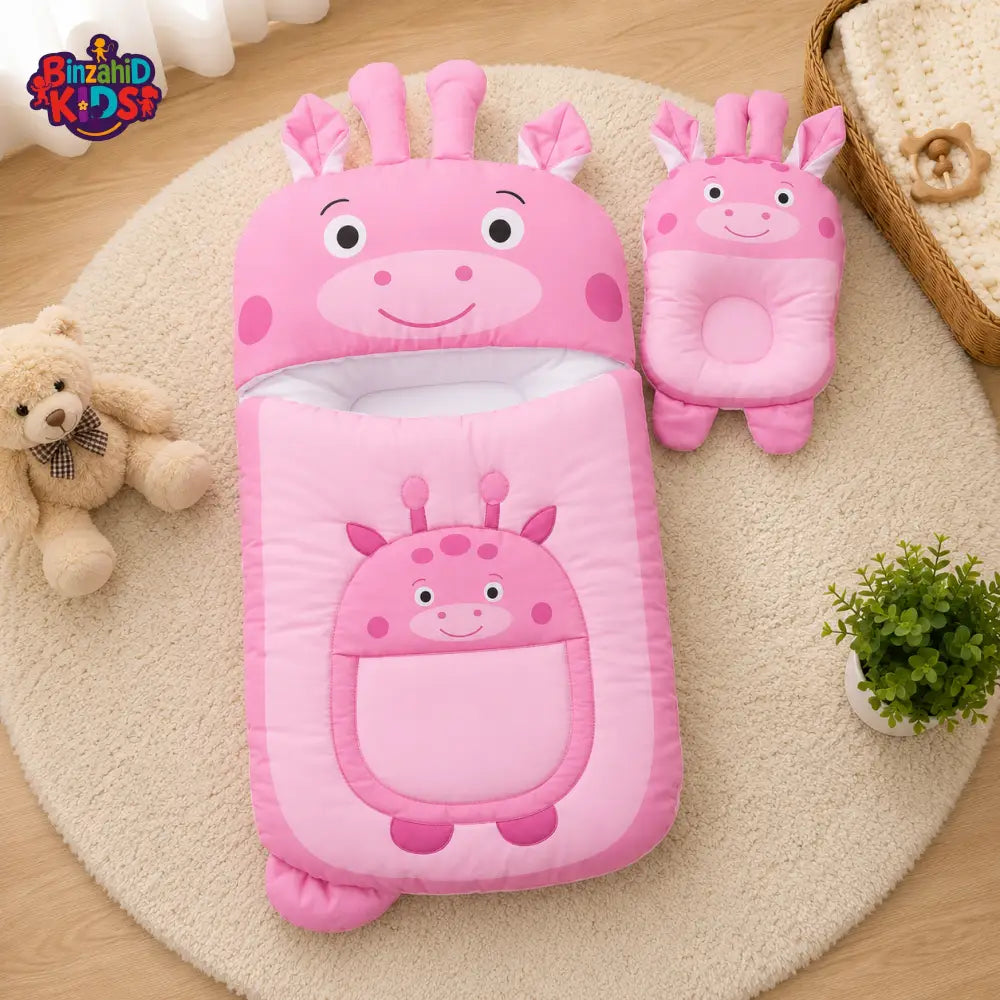 GIRAFFE DESIGN COTTON POLYESTER BABY SLEEPING BAG WITH MATCHING PILLOW - LIGHT PURPLE