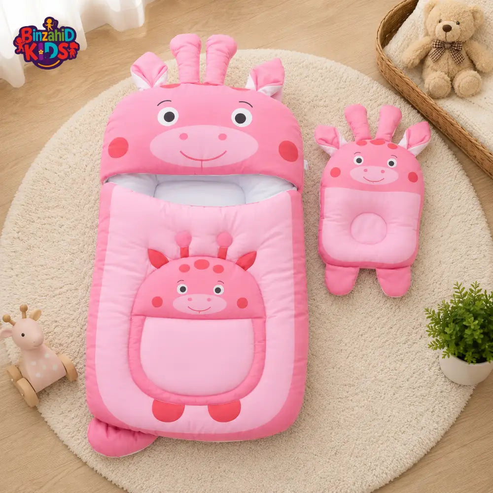 GIRAFFE DESIGN COTTON POLYESTER BABY SLEEPING BAG WITH MATCHING PILLOW - PINK