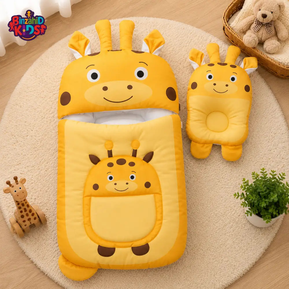 GIRAFFE DESIGN COTTON POLYESTER BABY SLEEPING BAG WITH MATCHING PILLOW - YELLOW