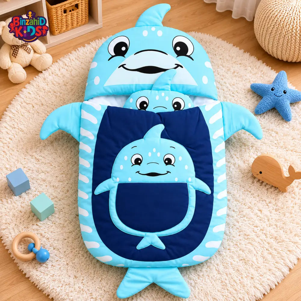 HAPPIMUMS CHARACTER CUDDLY CARRY NEST WITH PILLOW - BLUE LITTLE SHARK