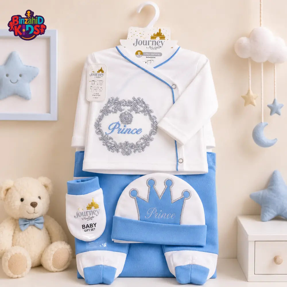 JOURNEY NEWBORN BABY GIFT SET – PRINCE CROWN EMBROIDERED DESIGN (BLUE & WHITE)