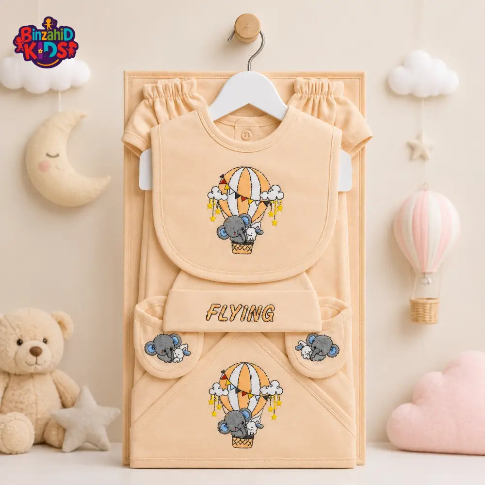 KIDDLE NEWBORN BABY STARTER GIFT SET – HOT AIR BALLOON ELEPHANT DESIGN (PEACH)