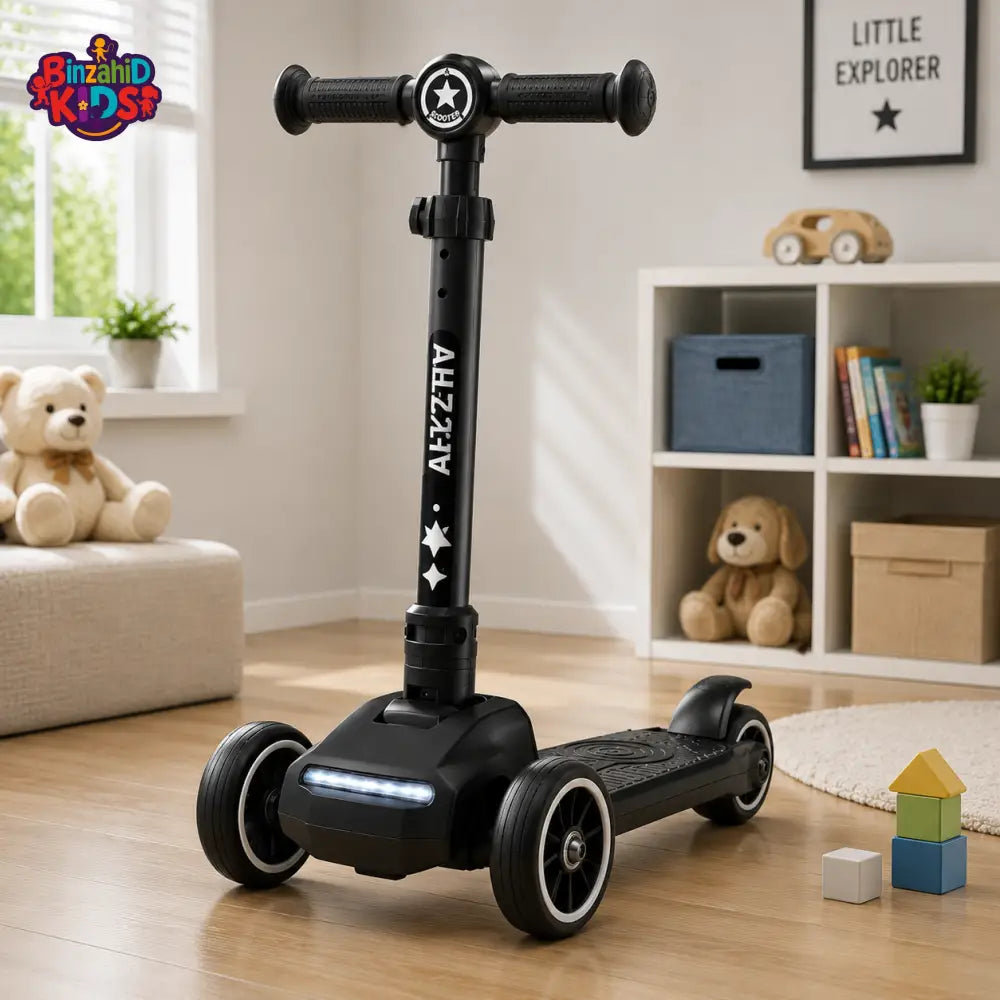 KIDS 3-WHEEL LED FOLDABLE SCOOTER WITH ADJUSTABLE HANDLE - BLACK