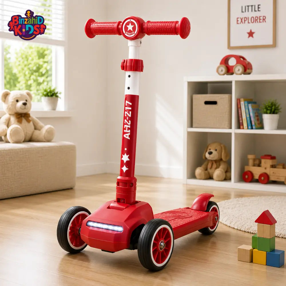 KIDS 3-WHEEL LED FOLDABLE SCOOTER WITH ADJUSTABLE HANDLE - RED