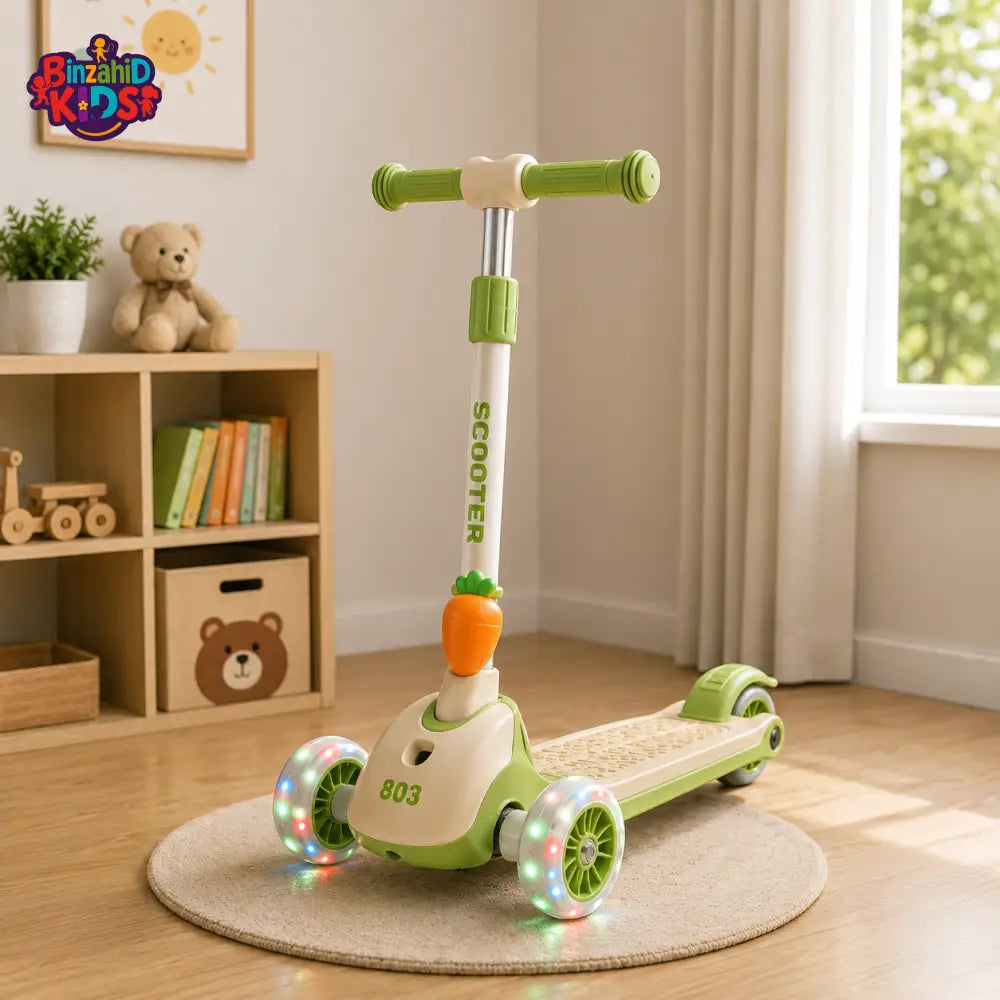 KIDS BALANCE SCOOTER WITH SEAT AND FLASH WHEELS - GREEN