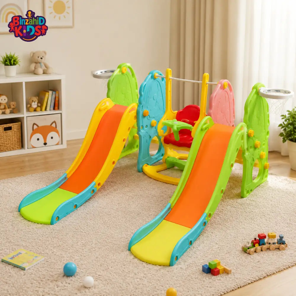 KIDS MULTIFUNCTIONAL SLIDE WITH SWING AND BASKETBALL HOOP