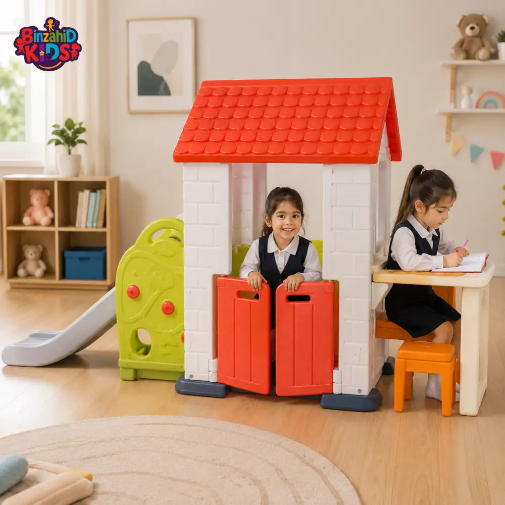 KIDS PLAYHOUSE WITH SLIDE AND STUDY TABLE - ORANGE