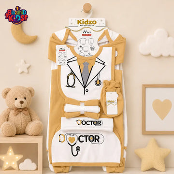 KIDZO 11 PCS NEWBORN BABY STARTER GIFT SET – DOCTOR EMBROIDERED DESIGN (BEIGE)