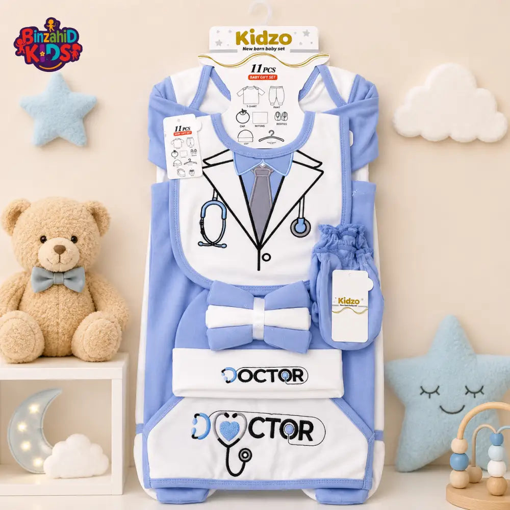 KIDZO 11 PCS NEWBORN BABY STARTER GIFT SET – DOCTOR EMBROIDERED DESIGN (BABY BLUE)