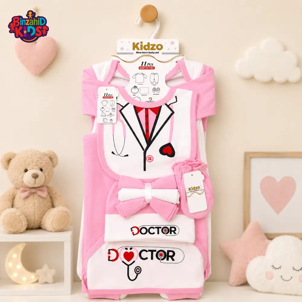 KIDZO 11 PCS NEWBORN BABY STARTER GIFT SET – DOCTOR EMBROIDERED DESIGN (PINK)