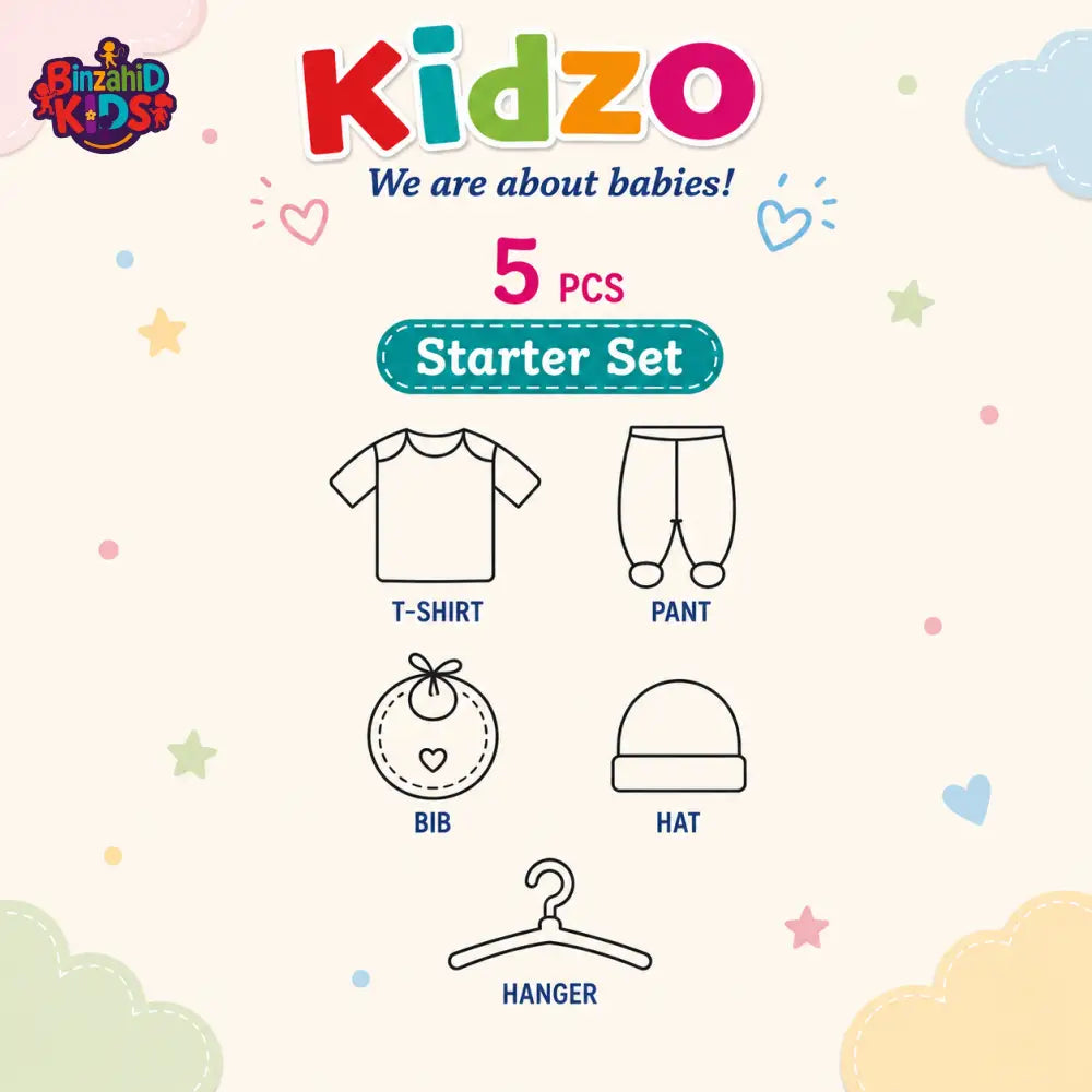 KIDZO 5 PCS NEWBORN BABY GIFT SET – PRINCE EMBROIDERED DESIGN (WHITE)