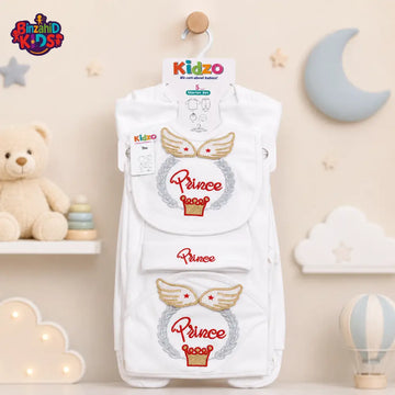 KIDZO 5 PCS NEWBORN BABY GIFT SET – PRINCE EMBROIDERED DESIGN (WHITE)