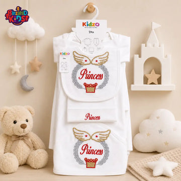 KIDZO 7 PCS NEWBORN BABY GIFT SET – PRINCESS EMBROIDERED DESIGN (WHITE)