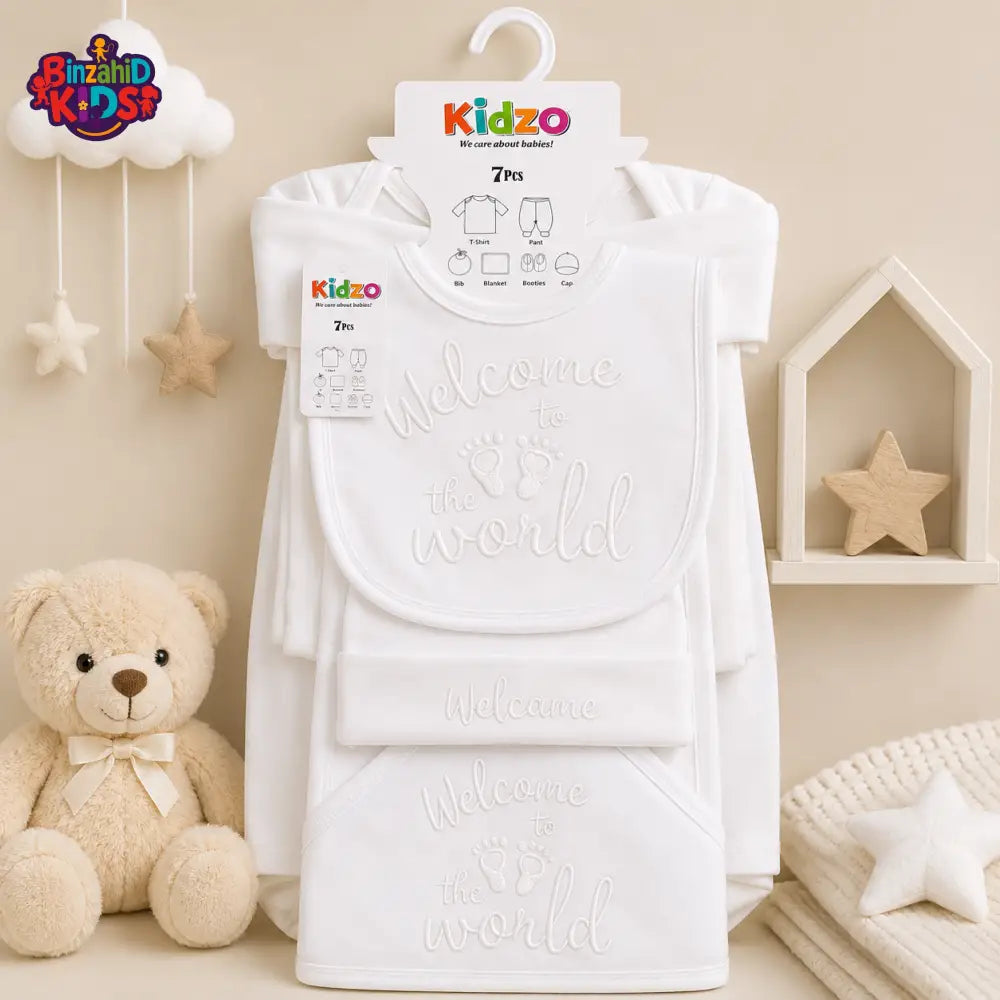 KIDZO 7 PCS NEWBORN BABY GIFT SET – WELCOME TO THE WORLD DESIGN (WHITE)
