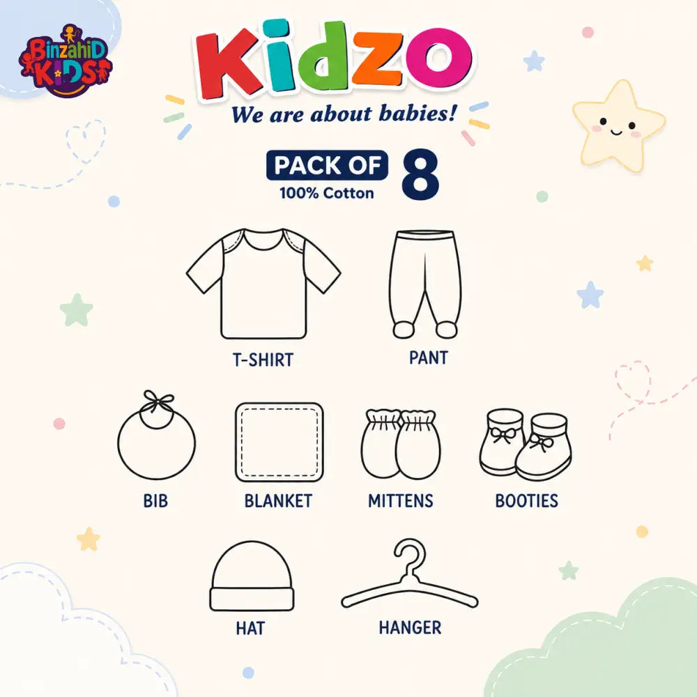 KIDZO 8 PCS NEWBORN BABY GIFT SET – AIRPLANE EMBROIDERED DESIGN (WHITE)
