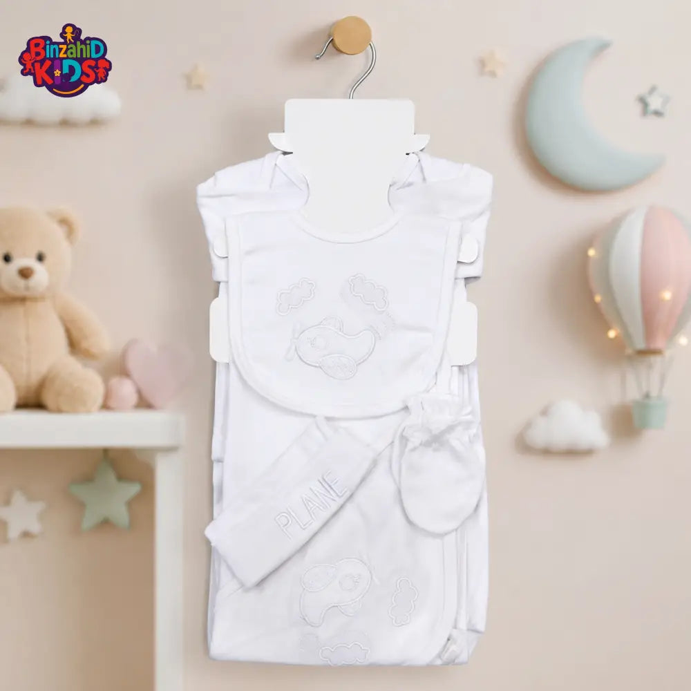 KIDZO 8 PCS NEWBORN BABY GIFT SET – AIRPLANE EMBROIDERED DESIGN (WHITE)