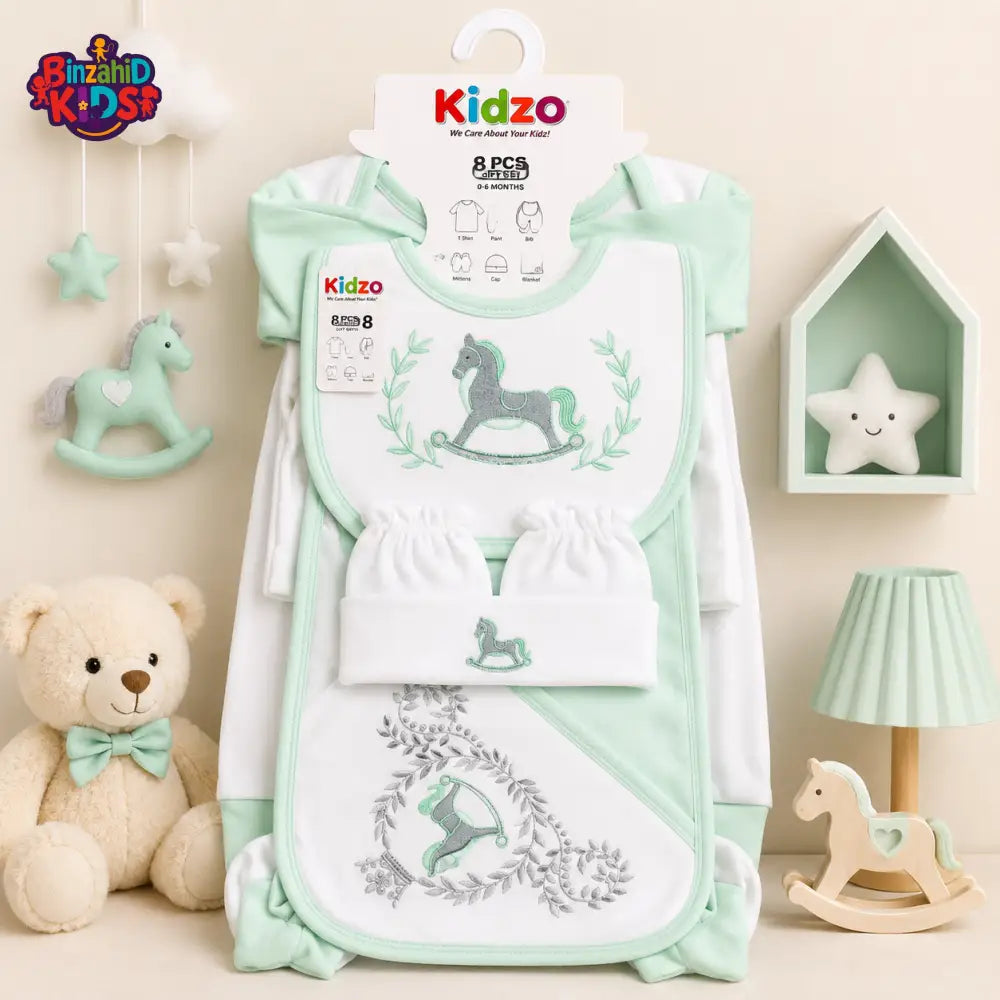 KIDZO 8 PCS NEWBORN BABY GIFT SET – ROCKING HORSE EMBROIDERED DESIGN (MINT GREEN & WHITE)
