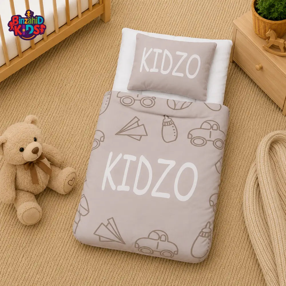 KIDZO BABY SLEEPING BAG & PILLOW SET – VEHICLE PRINT DESIGN (GREY)