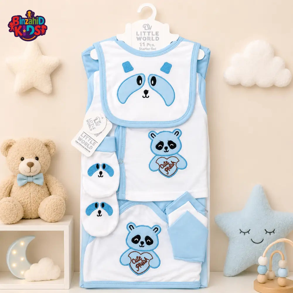 LITTLE WORLD 11 PCS NEWBORN BABY STARTER GIFT SET – PANDA EMBROIDERED DESIGN (BABY BLUE)
