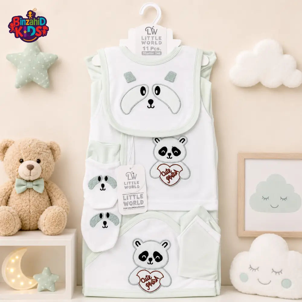 LITTLE WORLD 11 PCS NEWBORN BABY STARTER GIFT SET – PANDA EMBROIDERED DESIGN (MINT GREEN)