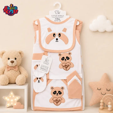 LITTLE WORLD 11 PCS NEWBORN BABY STARTER GIFT SET – PANDA EMBROIDERED DESIGN (PEACH)