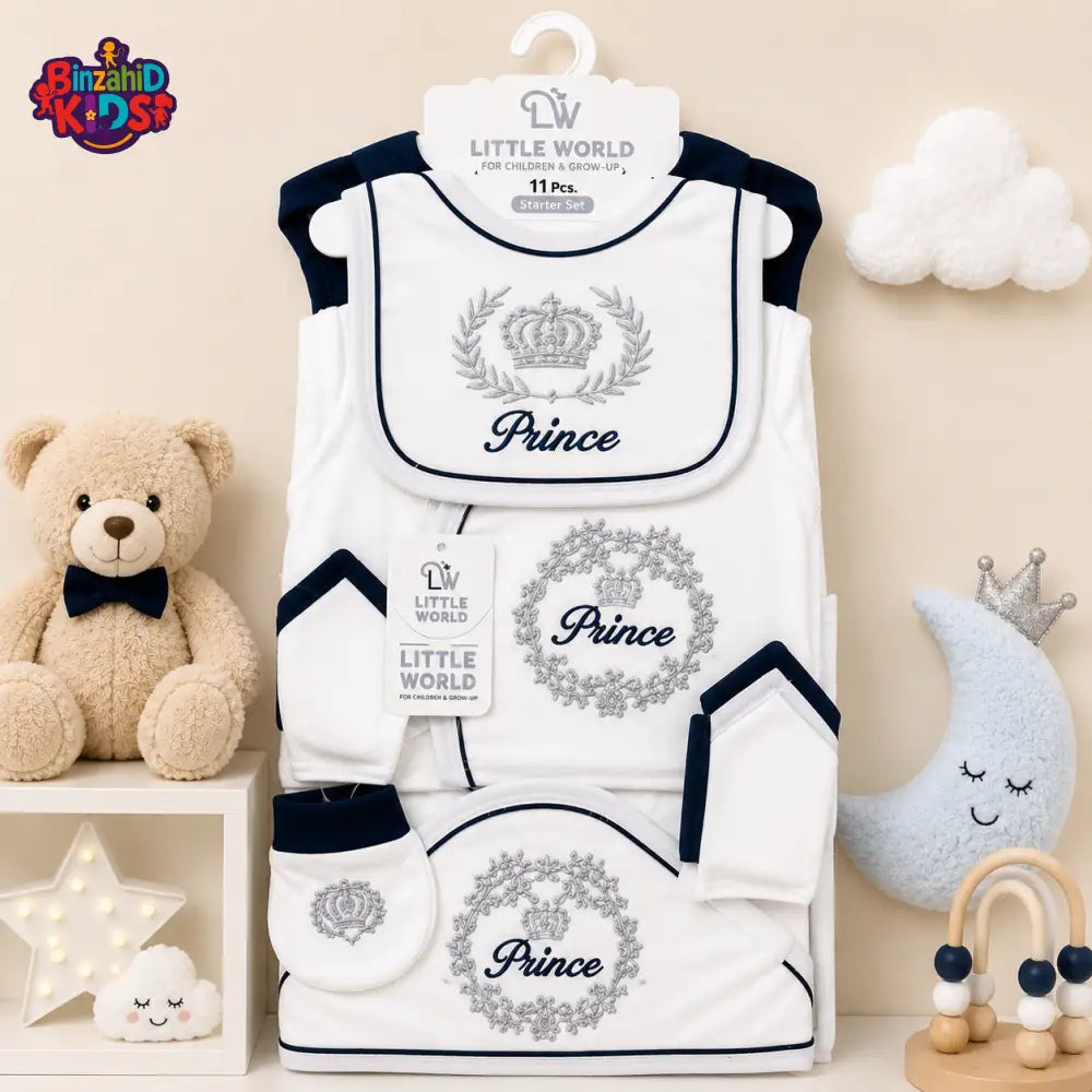LITTLE WORLD 11 PCS NEWBORN BABY STARTER GIFT SET – PRINCE EMBROIDERED DESIGN (WHITE & NAVY)