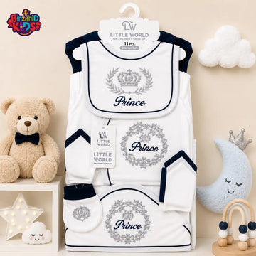 LITTLE WORLD 11 PCS NEWBORN BABY STARTER GIFT SET – PRINCE EMBROIDERED DESIGN (WHITE & NAVY)