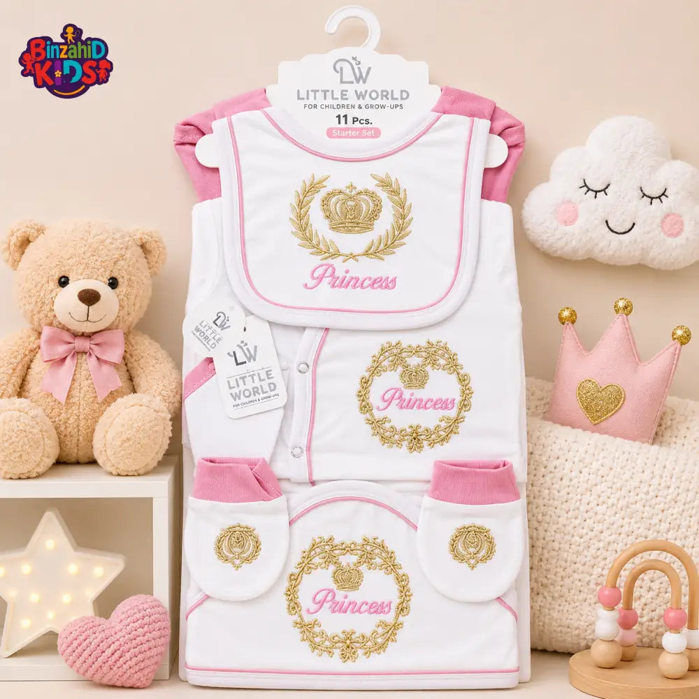 LITTLE WORLD 11 PCS NEWBORN BABY STARTER GIFT SET – PRINCESS EMBROIDERED DESIGN (PINK & WHITE)