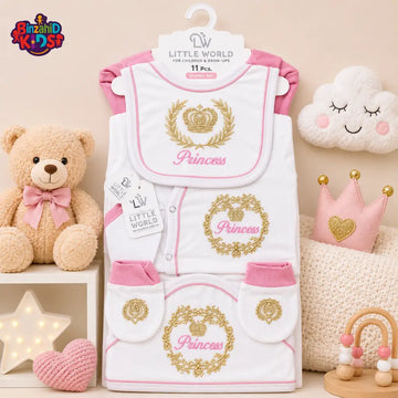 LITTLE WORLD 11 PCS NEWBORN BABY STARTER GIFT SET – PRINCESS EMBROIDERED DESIGN (PINK & WHITE)