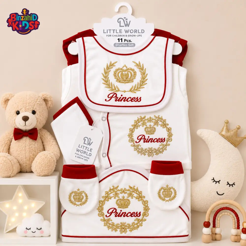 LITTLE WORLD 11 PCS NEWBORN BABY STARTER GIFT SET – PRINCESS EMBROIDERED DESIGN (RED & WHITE)