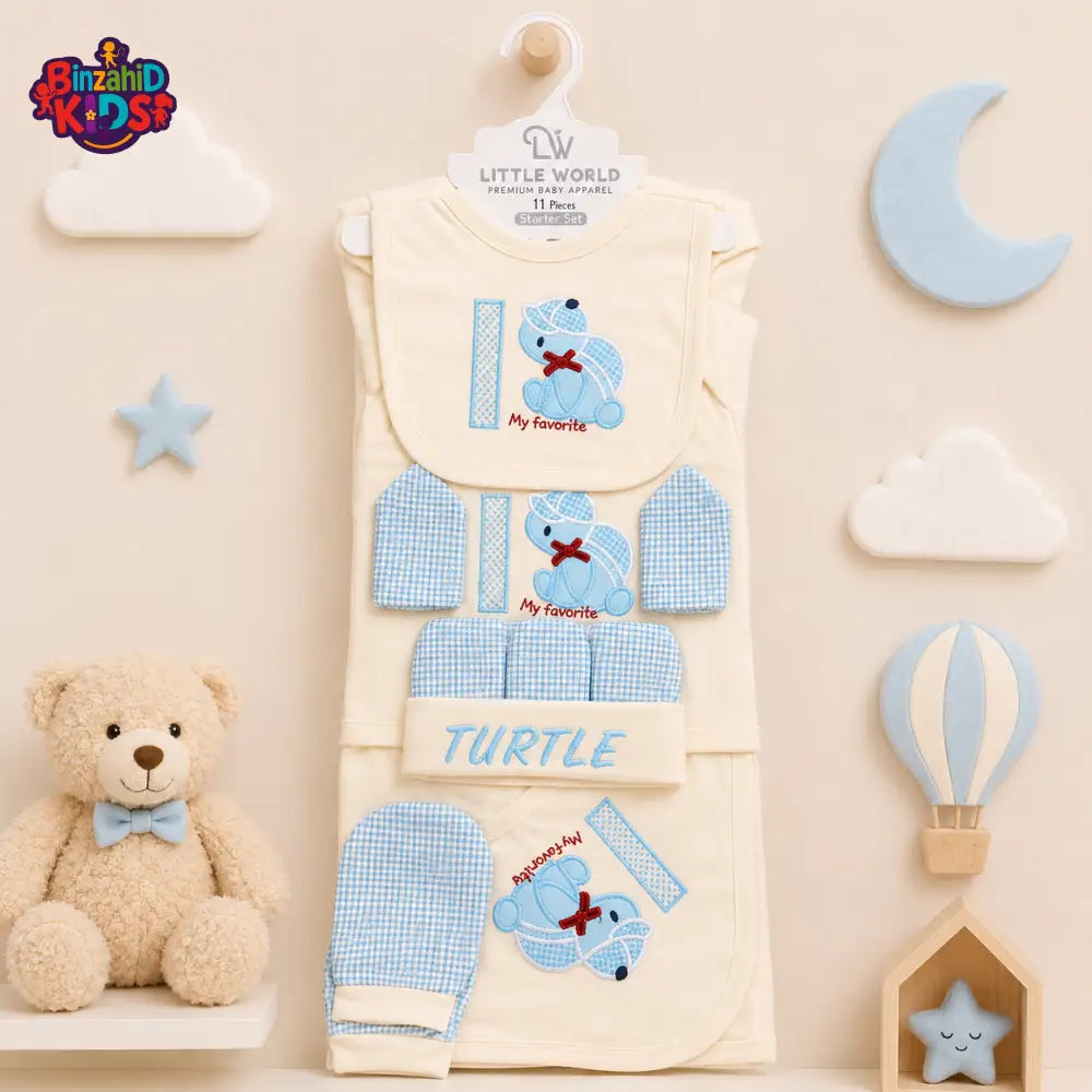 LITTLE WORLD 11 PCS NEWBORN BABY STARTER GIFT SET – TURTLE EMBROIDERED DESIGN (CREAM & BABY BLUE)