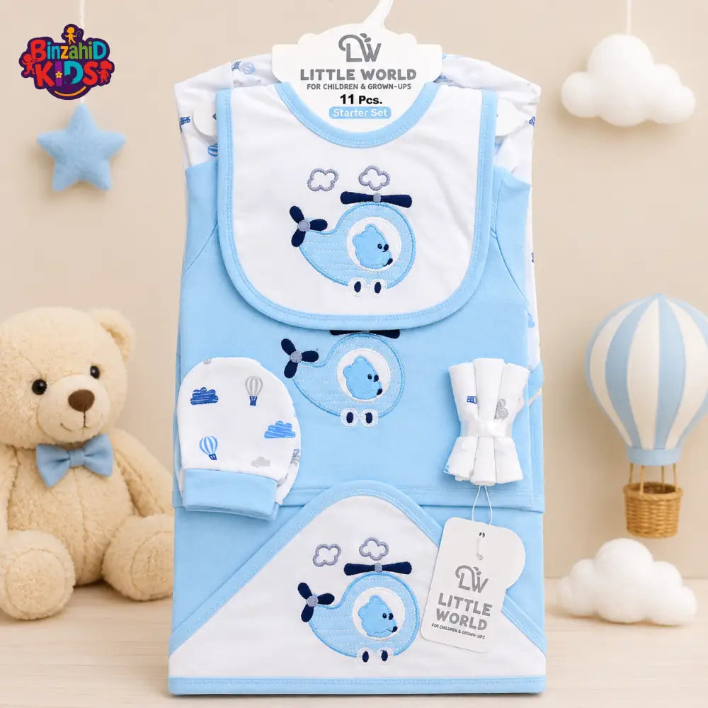 LITTLE WORLD 11 PCS STARTER SET – HELICOPTER BEAR EMBROIDERED DESIGN (BLUE)
